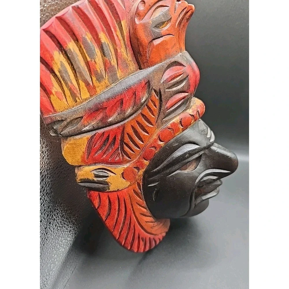 Tribal Mayan Aztec Hand Carved Wooden Face Mask Decorative Art Wall Painted